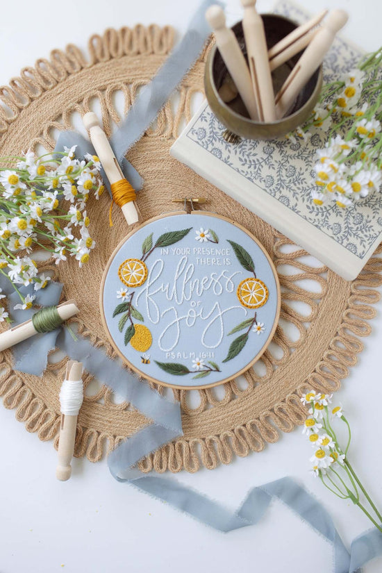 Fullness of Joy Psalm 16:11 Scripture embroidery — 2025 Summer Stitch-Along design | Abide Embroidery Co.