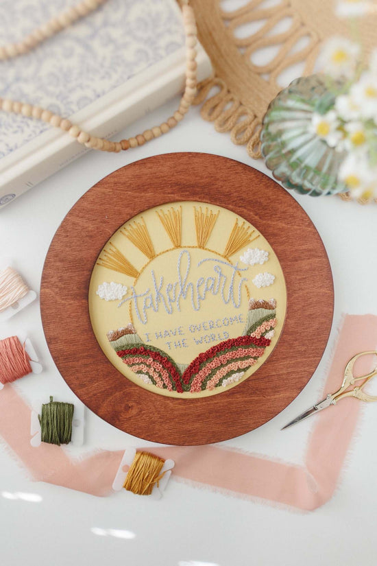 Take Heart John 16:33 Easter Scripture embroidery styled with floss and ribbon | Abide Embroidery Co.