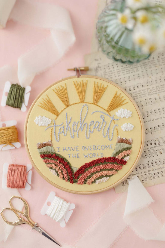 Take Heart, I Have Overcome the World — John 16:33 Easter Scripture embroidery in a wooden hoop | Abide Embroidery Co.