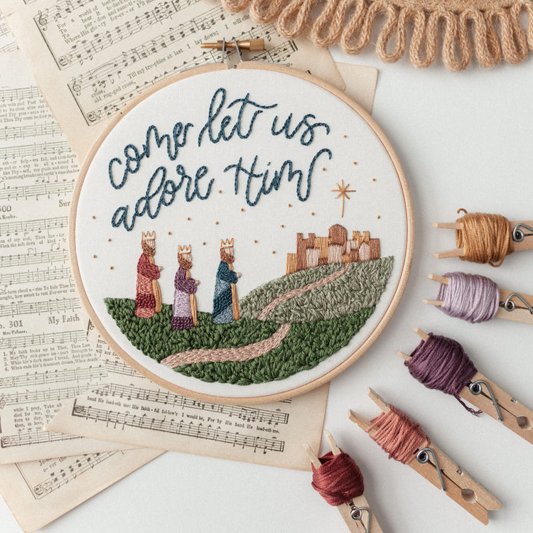 PRE-ORDER: "Come Let Us Adore Him” Embroidery Kit (2023 Advent Stitch-Along) - Abide Embroidery Co.