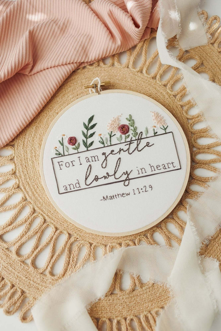 Gentle and Lowly Matthew 11:29 embroidery hoop with blush ribbon
