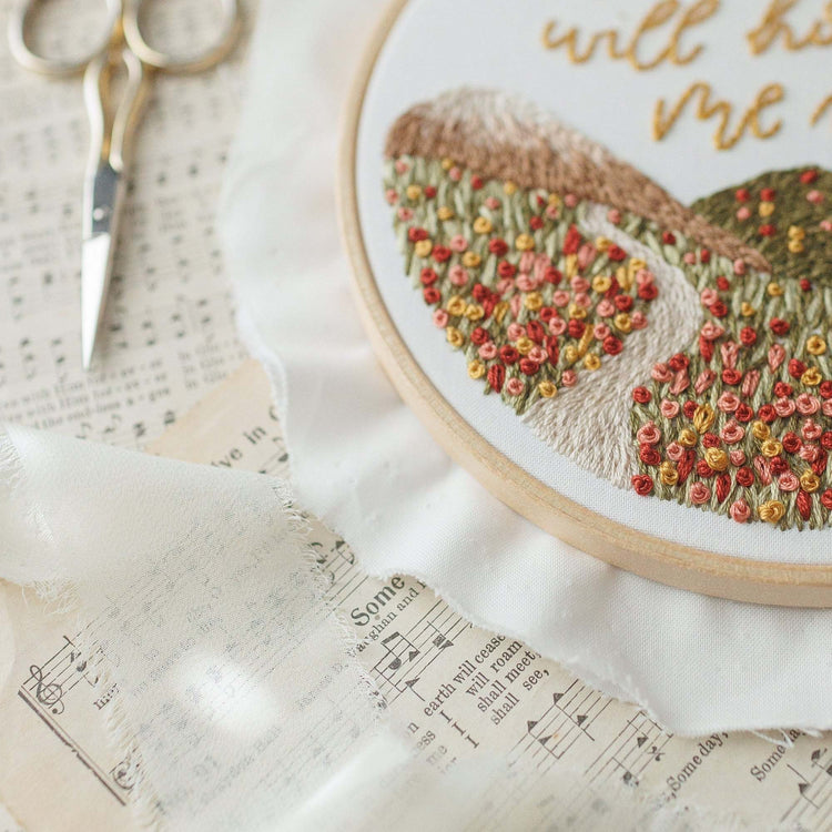 Close-up of the stitched hillside texture in French knots