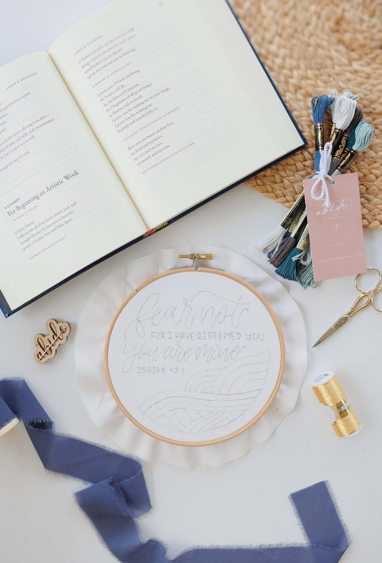 Fear Not embroidery kit with floss, scissors and an open book