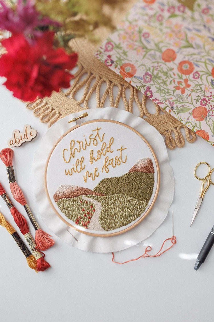 Christ Will Hold Me Fast kit with floss, scissors and fresh florals