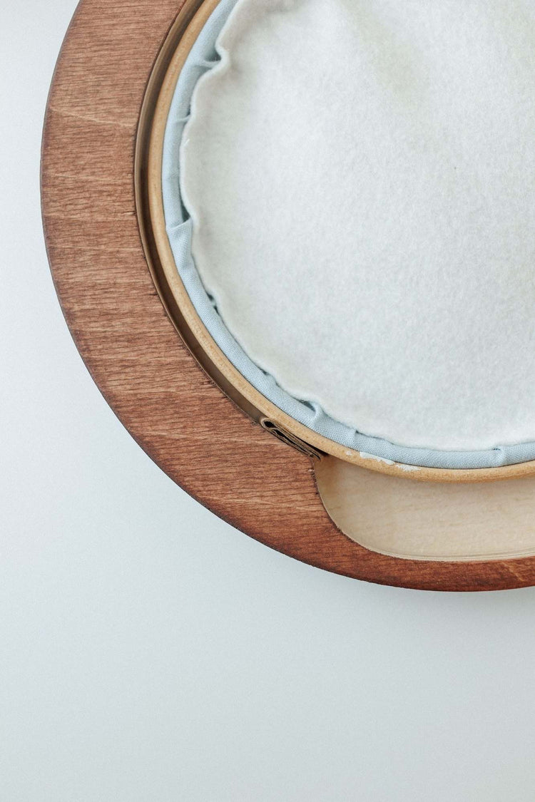 Close-up of the pre-cut felt backing seated in the hoop frame