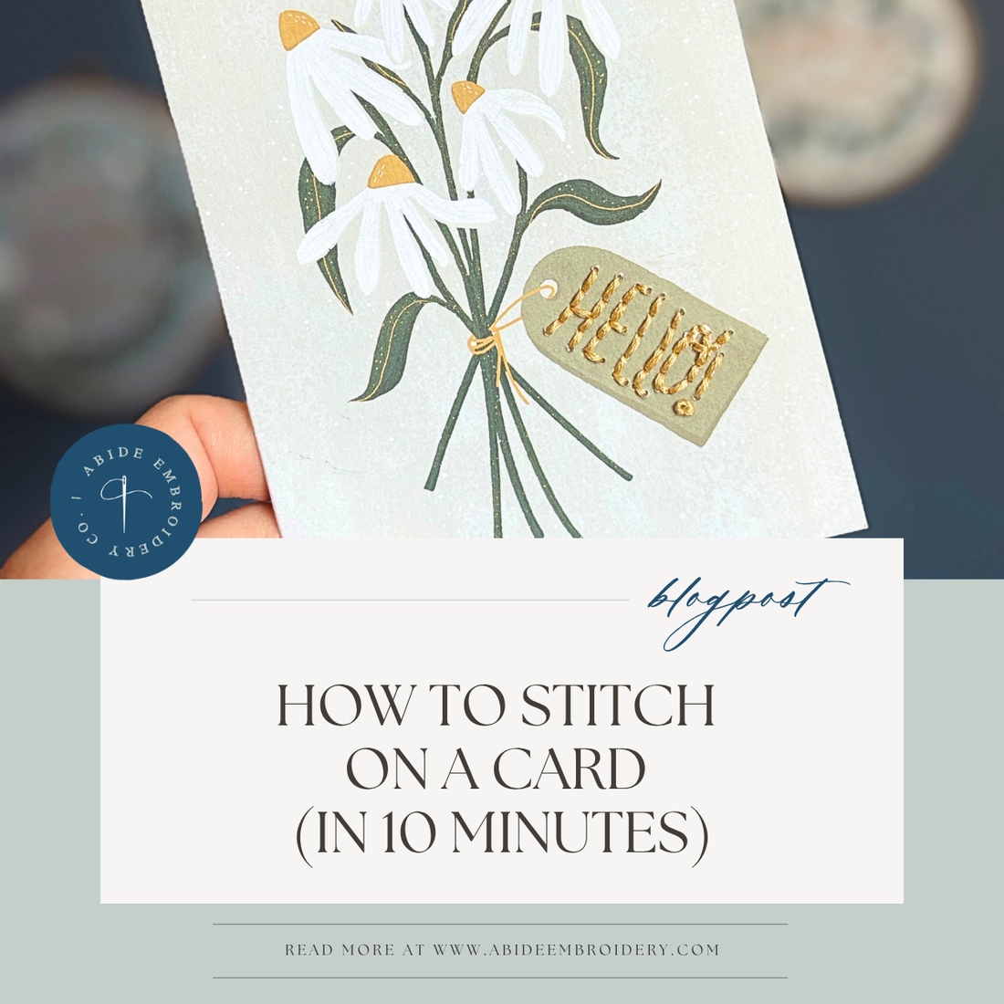Hand-stitched lettering on a folded note card with embroidery floss