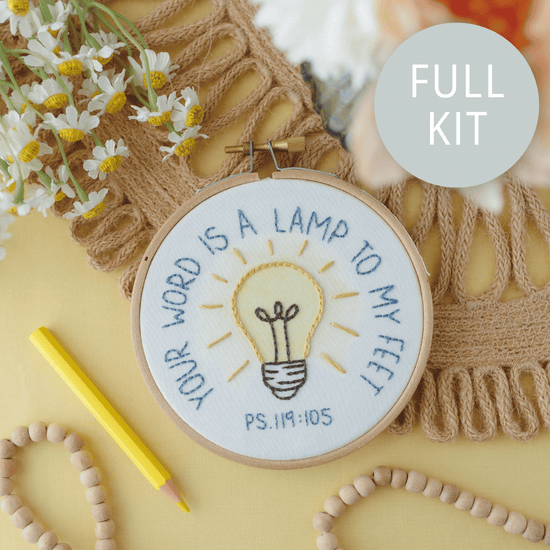 Your Word Is a Lamp Psalm 119:105 kids Christian embroidery kit with hoop, floss and printed pattern | Abide Kids