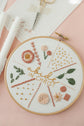 Finished 17-stitch practice hoop with gold embroidery scissors
