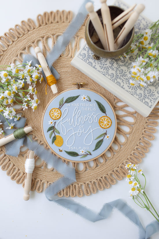 Fullness of Joy Psalm 16:11 Scripture embroidery — 2025 Summer Stitch-Along design | Abide Embroidery Co.