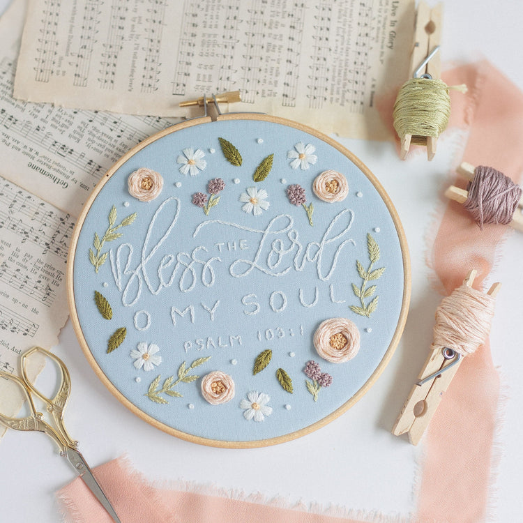 Bless the Lord O My Soul hoop with sheet music, ribbon and scissors