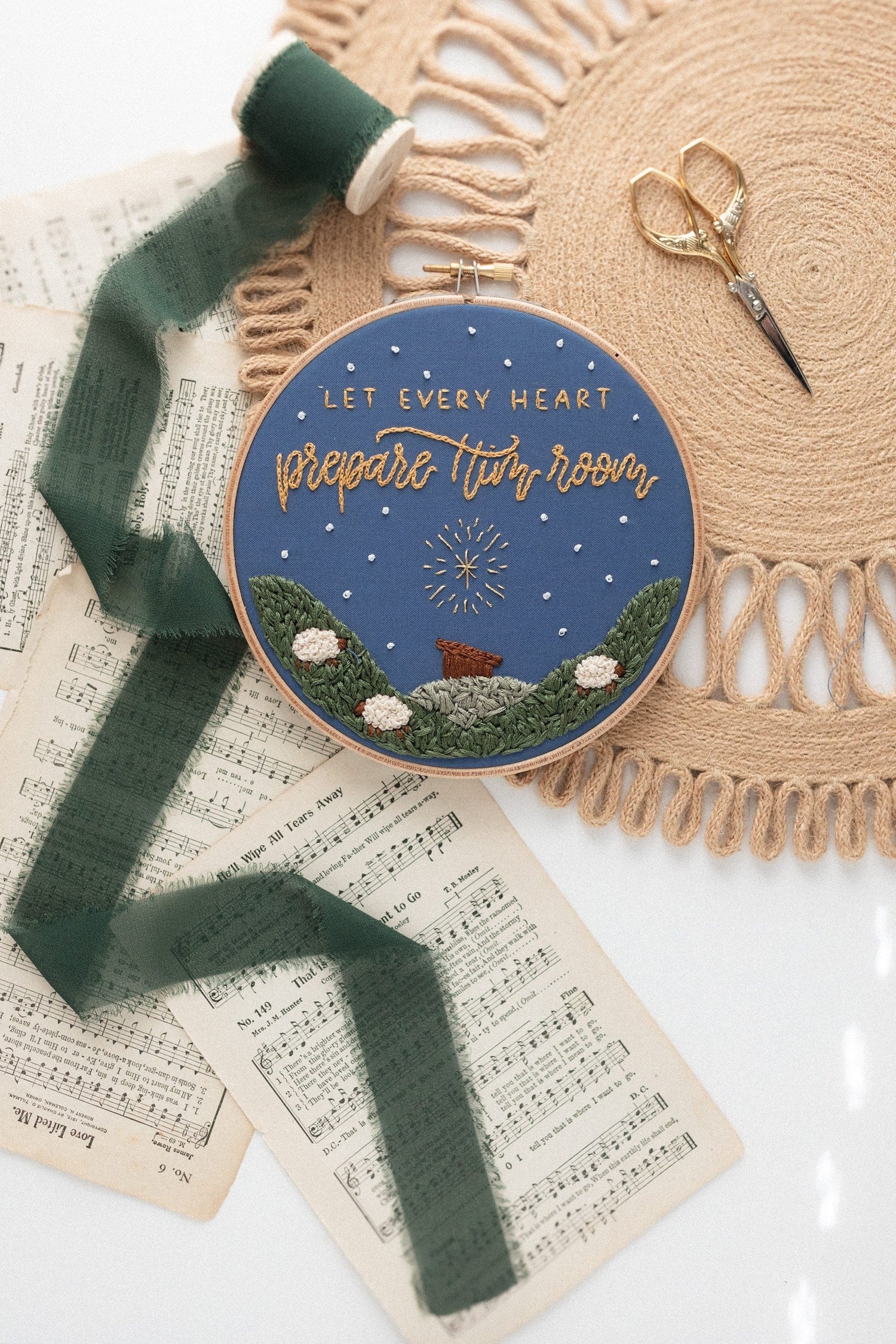 Let Every Heart Prepare Him Room Advent hoop with green ribbon