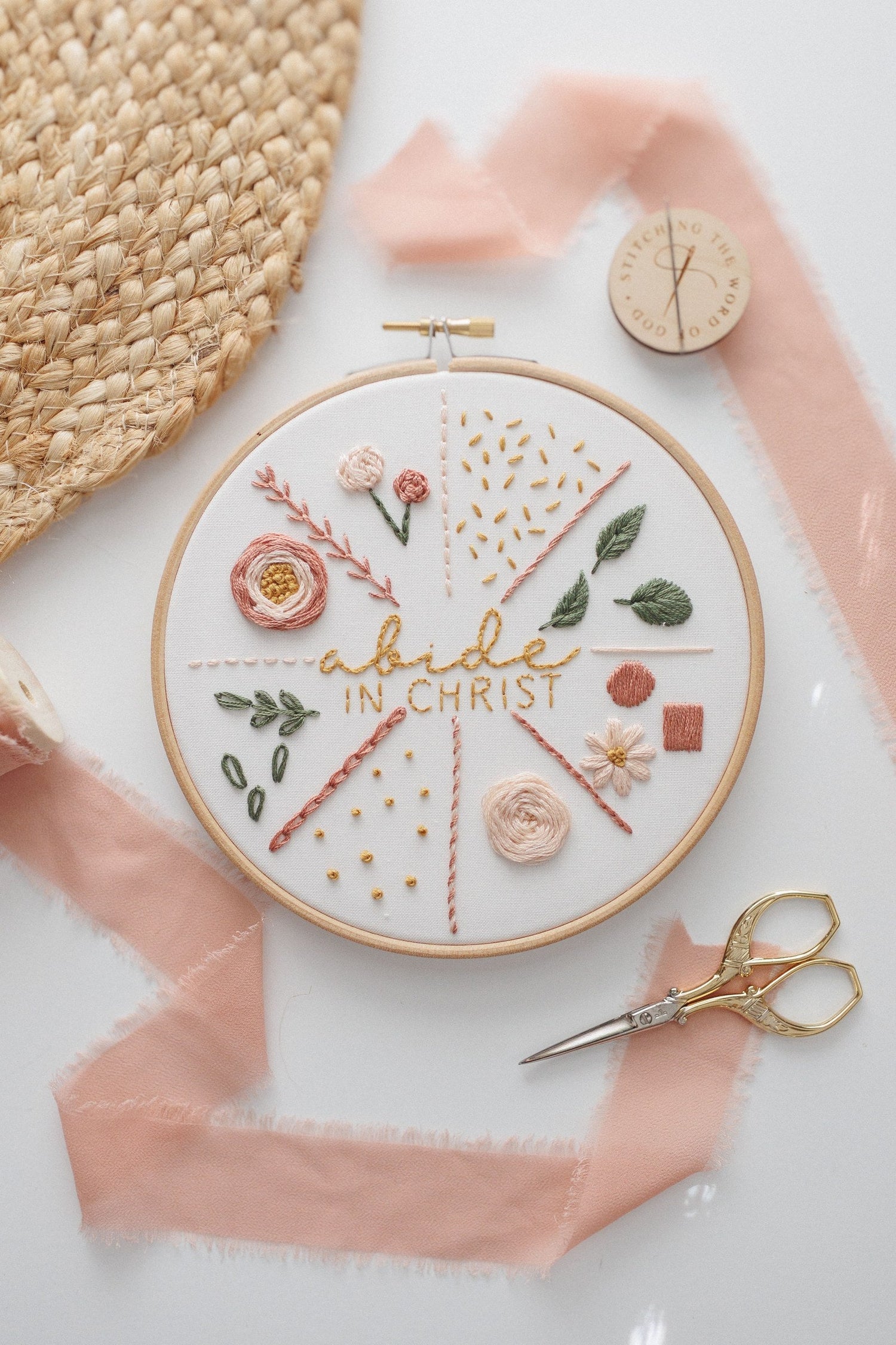 Finished 17-stitch practice sampler showing every embroidery stitch