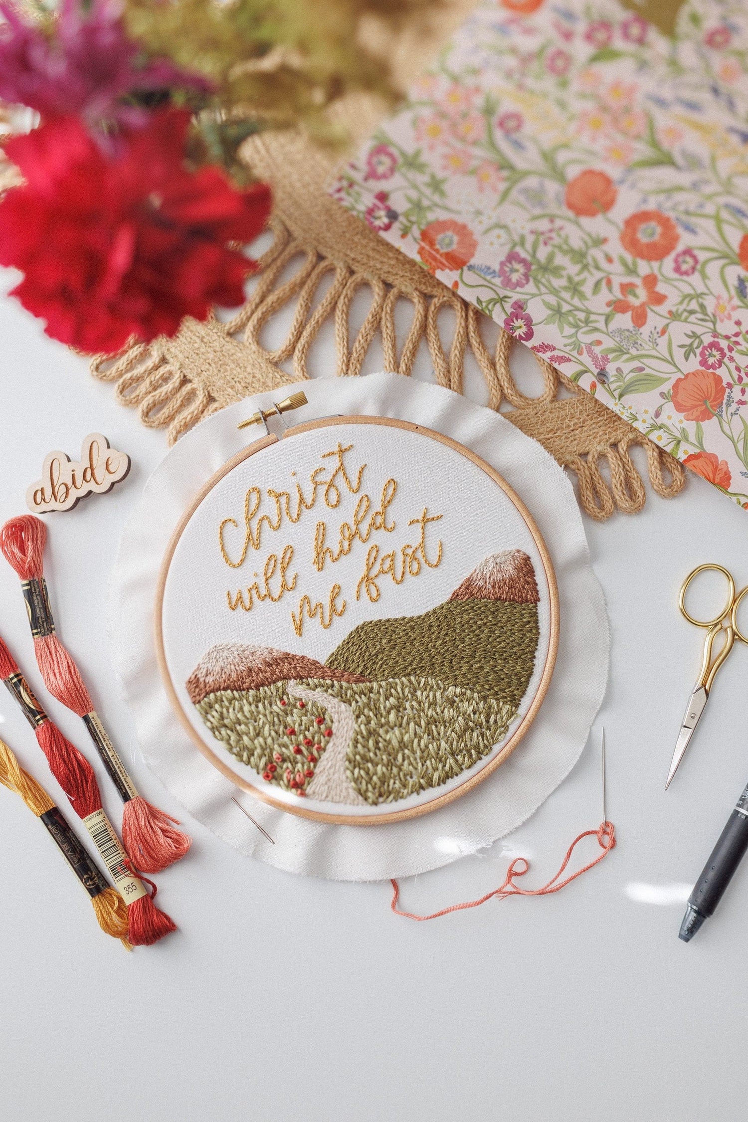 Christ Will Hold Me Fast kit with floss, scissors and fresh florals