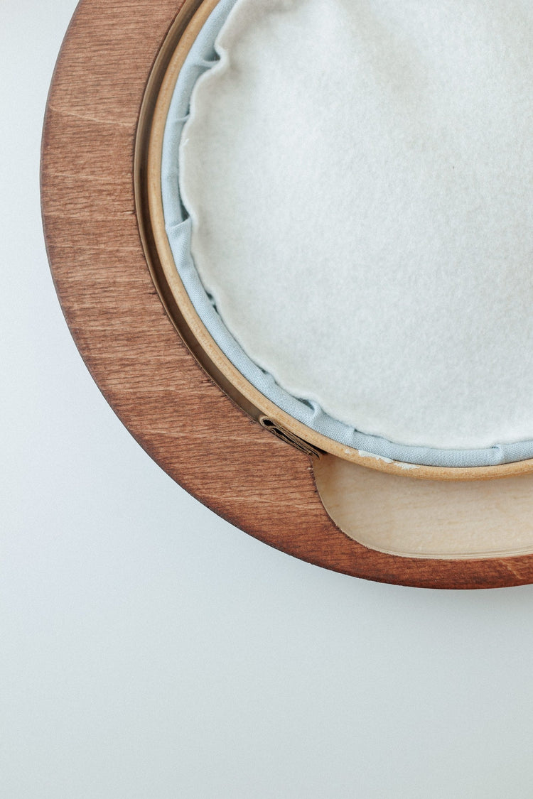 Close-up of the pre-cut felt backing seated in the hoop frame