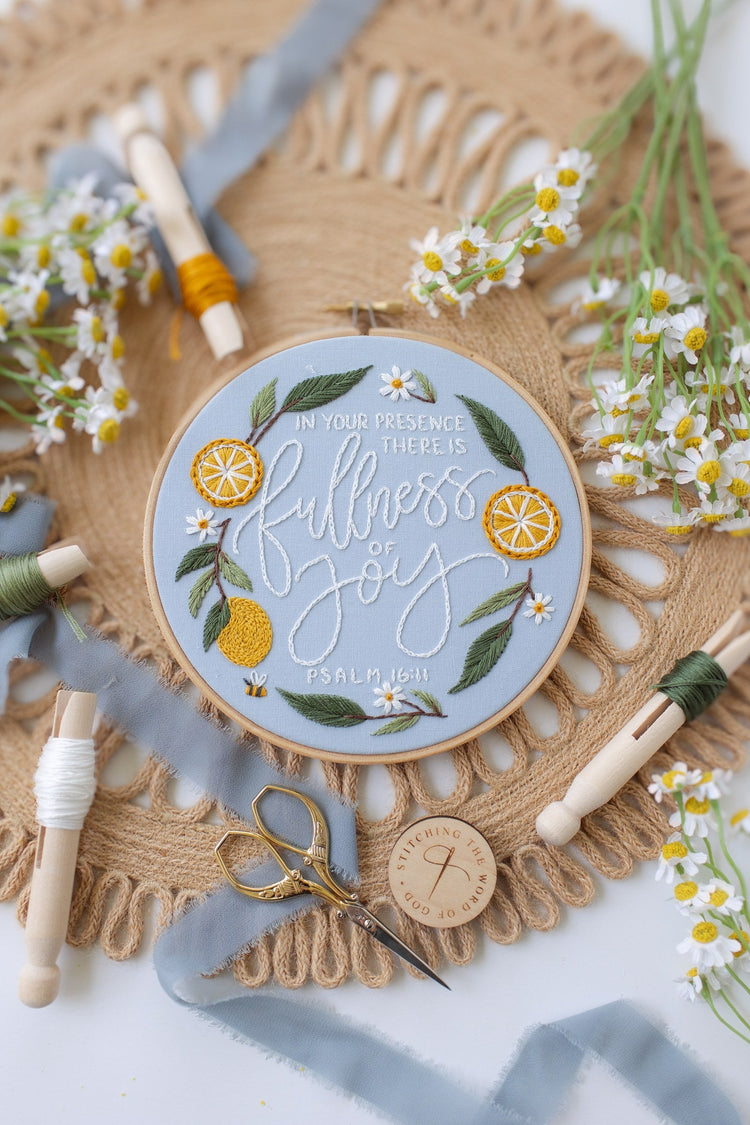 Fullness of Joy lemon and floral hoop with chamomile and blue ribbon