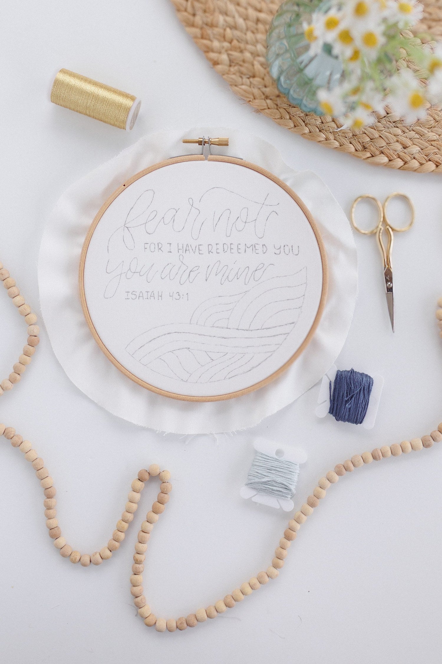 Fear Not design transferred onto fabric, ready to stitch