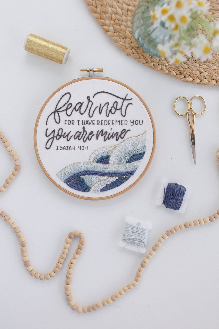 Fear Not Isaiah 43:1 embroidery hoop with navy floss and gold thread