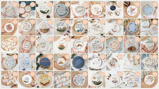 Grid of all 45 Abide Embroidery Co. digital guide designs included in the Complete Digital Guide Collection