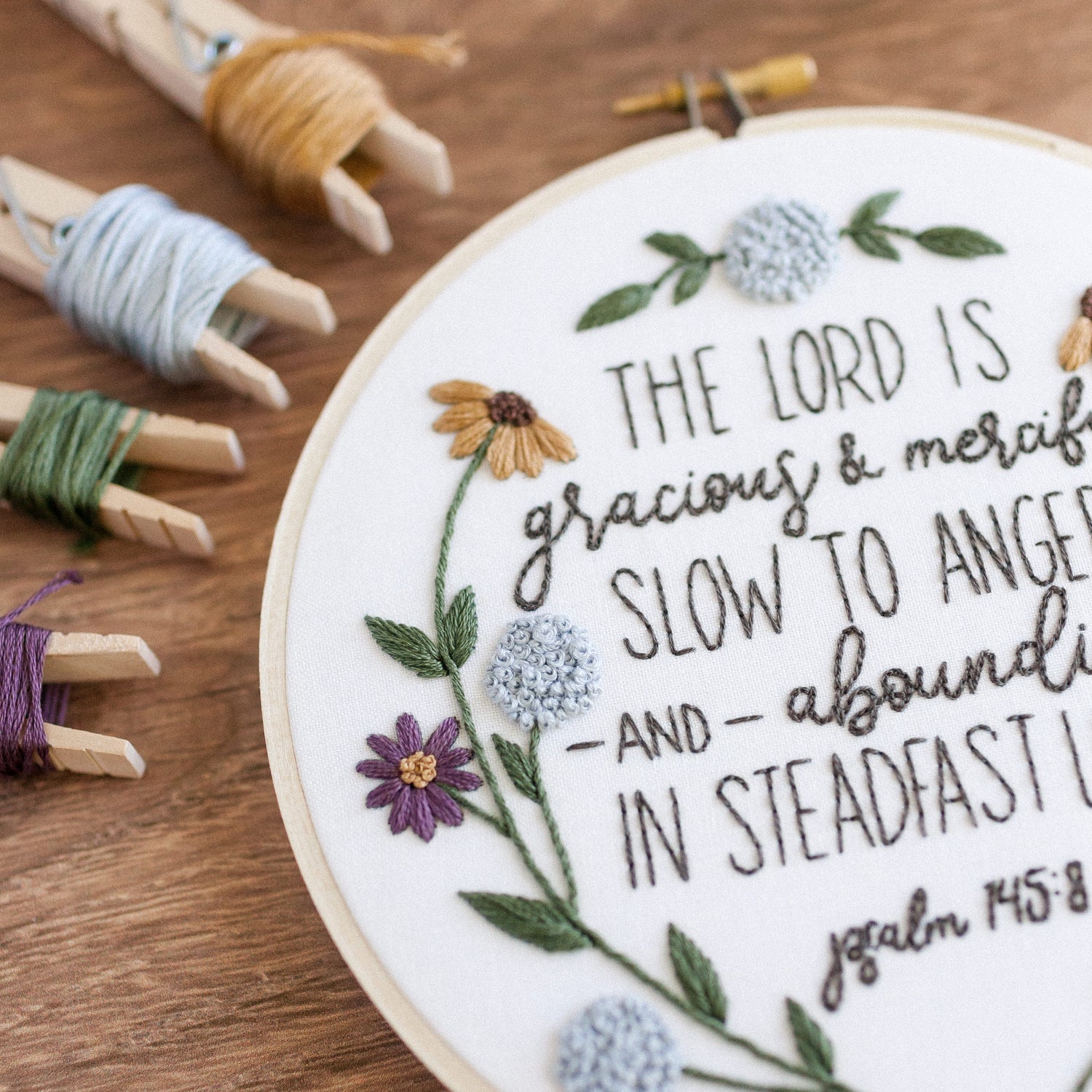 The Lord is Gracious and Merciful, Psalm 145:8 Embroidery Pattern for Beginners, Digital Download - Abide Embroidery Co.